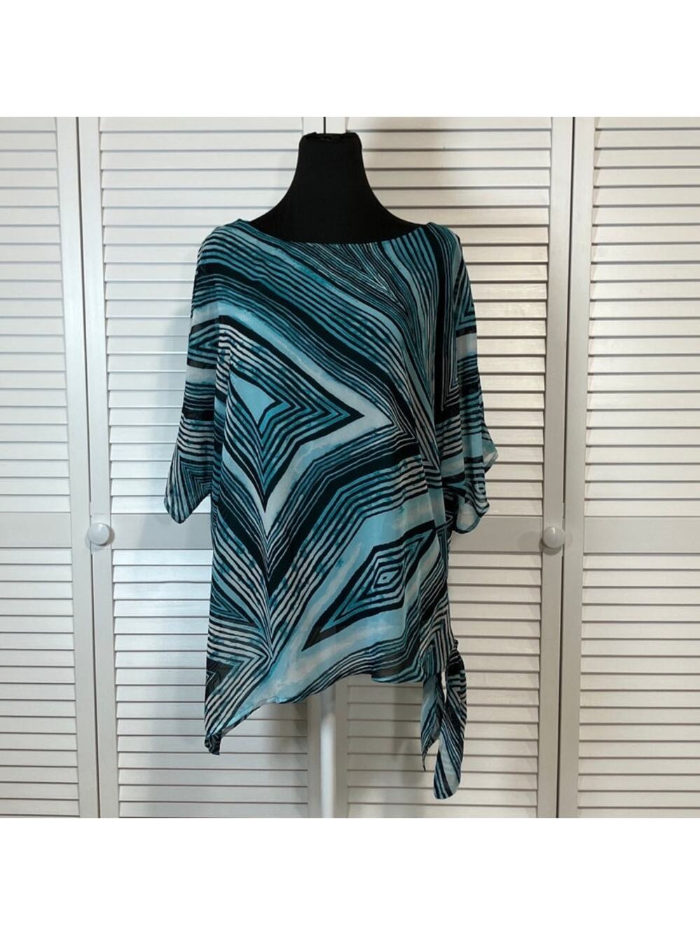 Dana Buchman Turquoise Boho Chic  Art Deco Geometric Flowy Relaxed Blouse XL